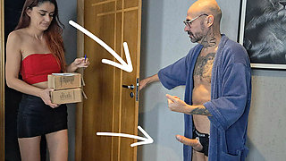 Perverted Old Man Receives Delivery Girl with His Dick Out!