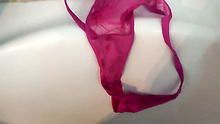 Handjob on the beautiful pink thong my cousin's girlfriend thong tanga panties sperm