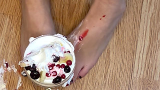 Playing with a fruit bowl and a whipped cream with ma feet
