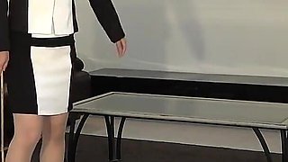 Mistress Punishes Domestic Slave by Repeatedly Hitting His Palms with Cane and Crushing Them with the Heels of Her High Heels