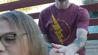 Park bench milf rubs fat pussy bend over fuck doggystyle outdoor