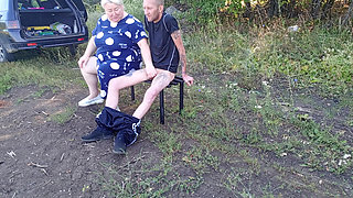 Stepmom in a public park jerks off my dick until I cum