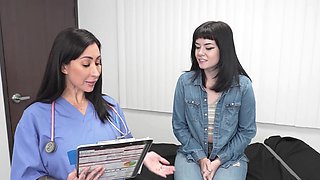 Two hot nurses, Lily Lane and Nova Vixen, have a steamy threesome in a captivating scene.