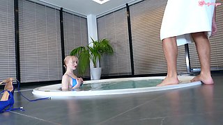 Slim Busty Blonde Teen Pleases A Big-dicked Old Guy With a Hot Combination Of BJ & Titjob In Jacuzzi