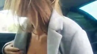 Pretty French girl squirts out of the car