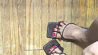 Sexy Asian Small Feet with Red Toe Nail in Open Toes Shoes