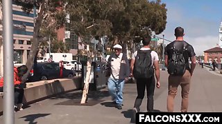 FalconsXXX.com - Deep blowjob affair in the toilet with two cock-loving hunks