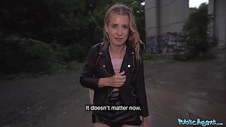 Tiny blonde babe is getting picked up by a horny porn agent.