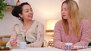 Four adorable teens play with each other's pussies on camera