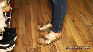 Jeans and Gold Two-strap Sandals - Nylon Feet Tease