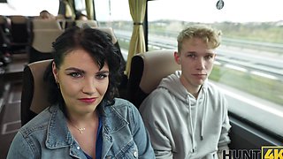 A chubby brunette with big natural tits gets fucked on the bus in pov style