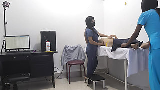 The doctor and the nurse seduce a patient to fuck him in the office