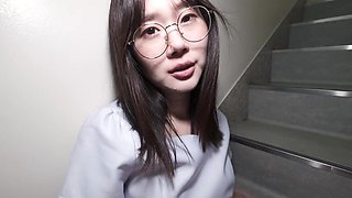 Japanese teen Mami Tokita sucks and fucks at the staircase