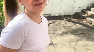 Schoolgirl romping on porch, jism squirted all over.