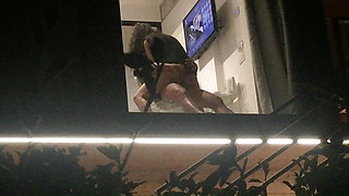 Caught horny couple fucking through open hotel window, peeking hot milf blowjob