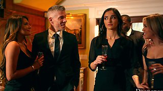 Two hot chicks share a big black cock in an interracial threesome