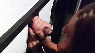Hot MILF Gives Glory Hole Blow Job While Hubby Jacks off