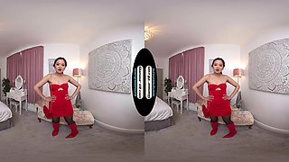 Louisa Lu Red Party Dress With Black Crotchless Legwear & Red Boots Joi Treat - 8k Vr