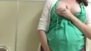 Pregnant receptionist is too horny  sneaks into bathroom