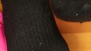 Under Desk Foot Play - Pink Clogs & Worn Socks
