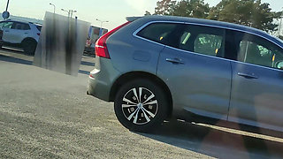 Risky Flashing at a Supermarket Parking Lot with Blindfolds and Cumshot