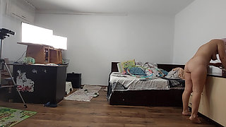 Sexy wife workout at home naked. Sexy brunette tries on pantyhose, hairy pussy, big ass, big tits.