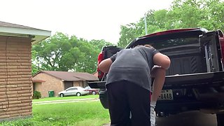 Brunette girl gets her pussy eaten in the trunk
