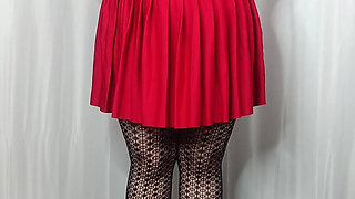 [4k] Patterned Pantyhose and Red Mini Skirt Try on