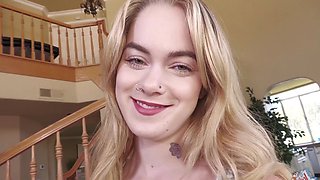 Blonde teen Sage Fox rides her boyfriend’s cock with cowgirl