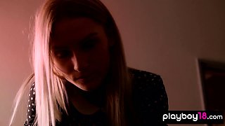 Teenage blond hair babe drops off all her clothes