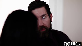 Full-bosomed gold digger fucks BF and stepdad