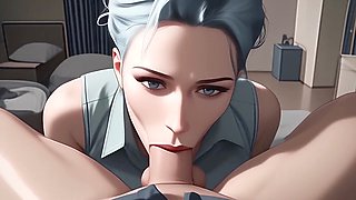 Blue-haired milf Atkins' Heaven gives a mind-blowing deep-throat blowjob in animated style