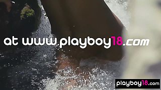Skinny Czech mommy flashes her wet slit