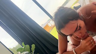 Latina girlfriend with big tits gives POV blowjob and rides cock