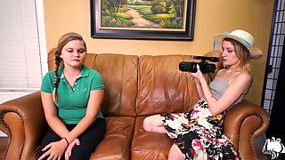 Tiny coeds Lauren and Fairy Pie take turns riding the pole