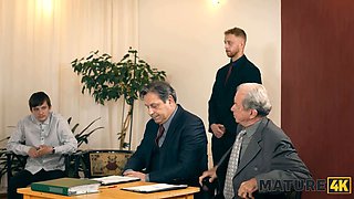 MILF with long hair sucks young stud and her hubby secretly catches them in the act