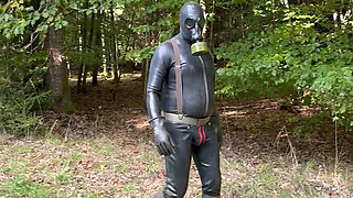 Knee socks rubber pig with suspenders and knee socks jerks off in the forest car