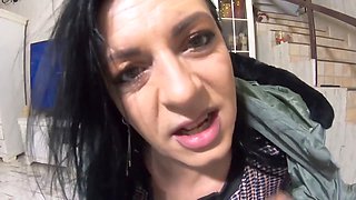 Cheating wife gives her husband's friend a blowjob while wearing a sexy jumpsuit and fur hooded jacket