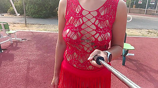 public flashing of pussy and tits in a lace outfit