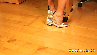 Silver Flats & Classic Rht Nylons - Shoeplay & Footplay Under the Desk