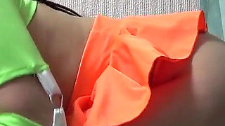 No Bra Nipple Stickers, Mini Skirt, Yellow Thong Wedgie Crotch, Cute Japanese Girl Body Viewed From Under the Desk