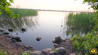 Malusha, the busty Russian cougar, seduces and fucks a guy with a huge cock in a park