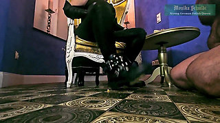 Monika Schmidt Food Crushing Spitting Bootworship Verbal Humiliation Sph in Leathergloves Part 1
