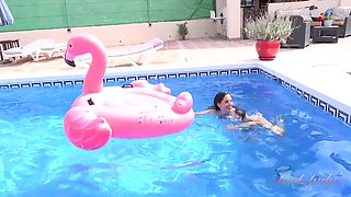 Linda Del Sol Strips and Plays For You in the Pool