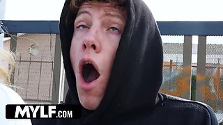 Busty Blonde MILF Millie Morgan Fucks Rion King in Public at Bus Stop - Rough Sex & Cum in Hand