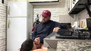 Slim Bootylicious Brunette Hottie Has Fun With Her Husband's Friend In the Kitchen