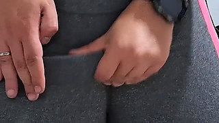 Masturbating Her Camel Toe on the Table with the Neighbor's Help.