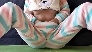 Asian schoolgirl Hotimary in pajamas gets off, squirting all over