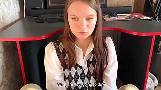Stepdaughter sucks stepdad's dick instead of letting him play games - cum swallow & big tits - JuliaSayNo