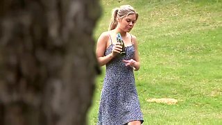 hot blonde drunk in the woods pee on the grass